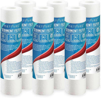 Metpure 6-Pack Sediment Filter 2.5"x10" 5 Micron Multi-Gradient Cartridge Replacement for Any Standard RO Drinking Water System, Whole House Filtration. Compatible with DuPont, Compatible with Pentek