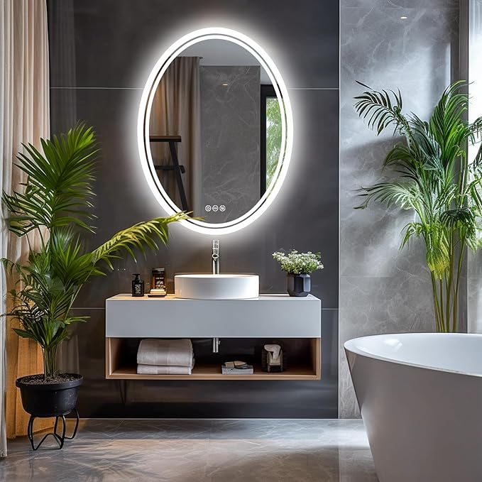 LUVODI Lighted LED Bathroom Mirror: 28”x20” Oval Anti-Fog Dimmable Wall Mounted Makeup Mirror with Backlit - Modern Vanity Mirrors with Demister Pad Smart Touch Switch Sensor Memory Function