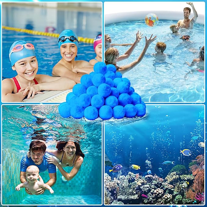 QwayHome 3.1 lbs Pool Filter Balls, Reusable Filter Sand Balls for Above Ground Pool Sand Pump, Pool Filter Sand Alternative, Eco-Friendly Fiber Filter Balls, Replace 110 lbs Filter Sand, Blue