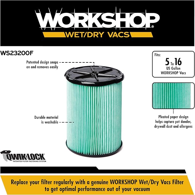 WORKSHOP Wet/Dry Vacs Vacuum Filters WS23200F HEPA Media Filter For Shop Vacuum Cleaner (Single HEPA Media Filter For Wet/Dry Vacuum Cleaner) Fits WORKSHOP 5-Gallon to 16-Gallon Shop Vacuum Cleaners