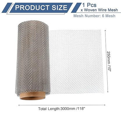 uxcell 6 Mesh 118" x 10" Woven Wire Mesh, 316 Stainless Steel Air Vent Filter Screen, Window Screen Mesh for DIY Projects Vents Cover Filtration Animals Fence