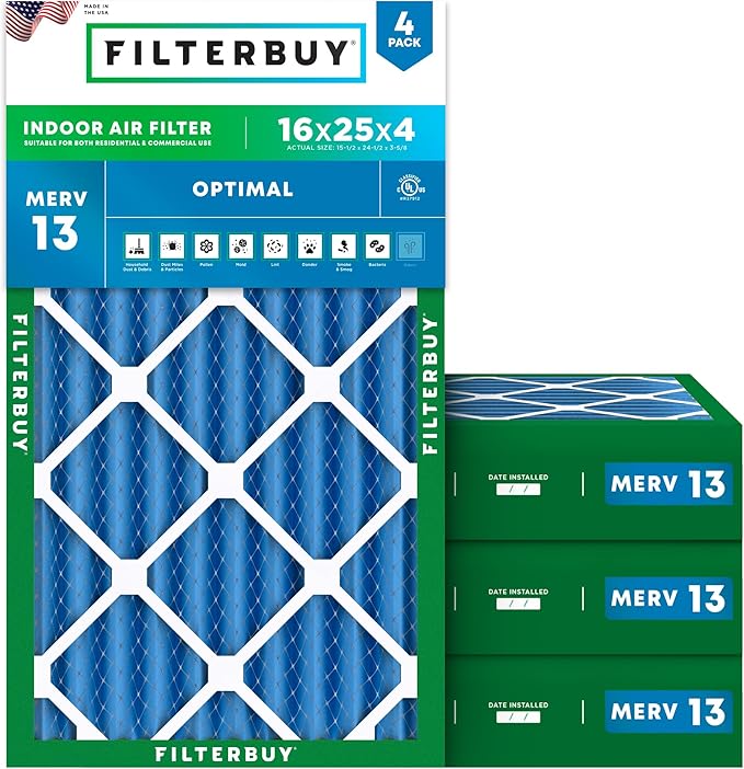 Filterbuy 16x25x4 Air Filter MERV 13 Optimal Smoke & Allergy Defense (4-Pack), Electrostatic Pleated HVAC AC Furnace Filters Replacement, Made in USA (Actual Size: 15.50 x 24.50 x 3.63)