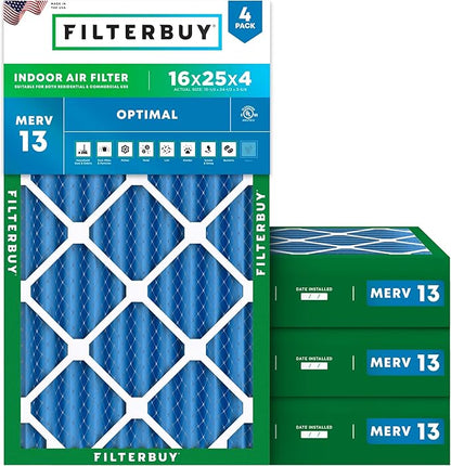 Filterbuy 16x25x4 Air Filter MERV 13 Optimal Smoke & Allergy Defense (4-Pack), Electrostatic Pleated HVAC AC Furnace Filters Replacement, Made in USA (Actual Size: 15.50 x 24.50 x 3.63)