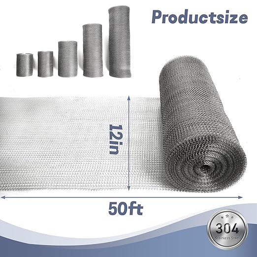 12" X 50 ft 304 Stainless Steel Mesh, Wire Mesh for Plants, Hole Fill Fabric Gap Blocker, Double Layer Metal Mesh Roll, Flexible Stretchy for Garden House and DIY (F-12 X 50 ft)