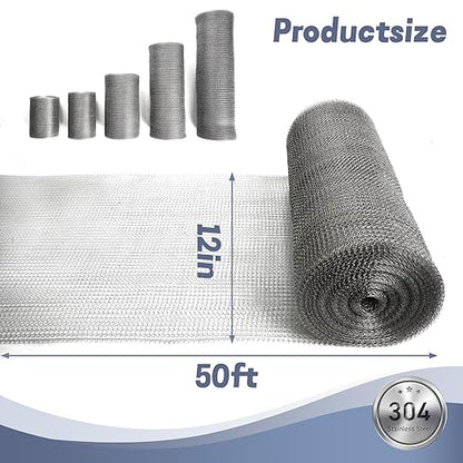 12" X 50 ft 304 Stainless Steel Mesh, Wire Mesh for Plants, Hole Fill Fabric Gap Blocker, Double Layer Metal Mesh Roll, Flexible Stretchy for Garden House and DIY (F-12 X 50 ft)
