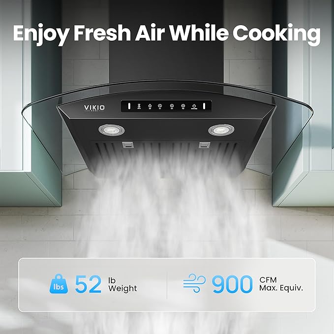 Black 30 inch Wall Mounted Range Hood Glass 900 CFM, Stainless Steel Kitchen Hood Vent with Gesture/Touch Controls, 3-Speed Exhaust Fan and Stainless Steel Baffle Filter, 2 LED Lights