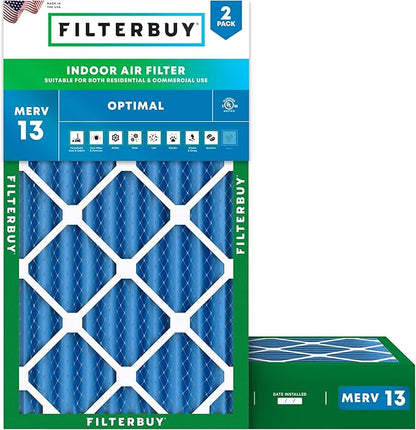 Filterbuy 12x20x4 Air Filter MERV 13 Optimal Smoke & Allergy Defense (2-Pack), Electrostatic Pleated HVAC AC Furnace Filters Replacement, Made in USA (Actual Size: 11.50 x 19.50 x 3.63)