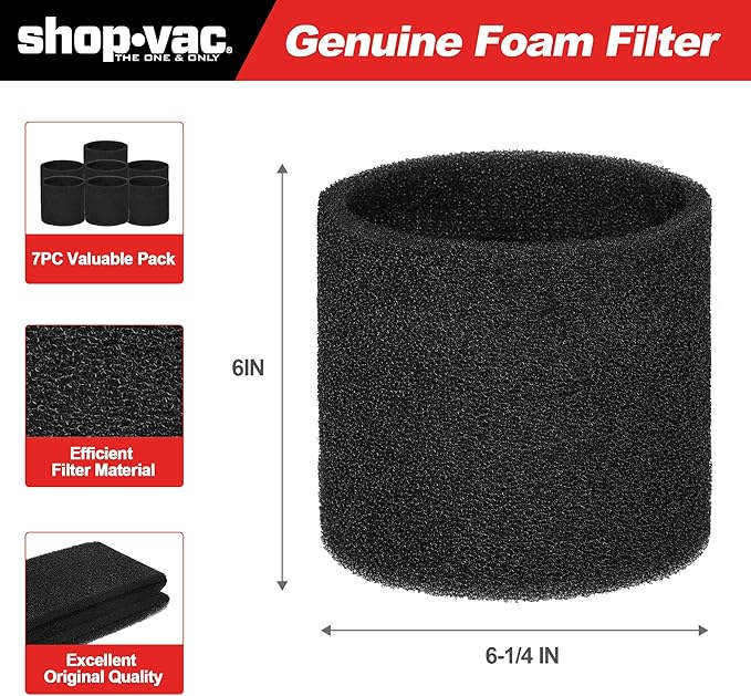 Shop-Vac 90585 Foam Sleeve Filter Replacements for Most Shop-Vac Wet/Dry Vacuum Cleaners 5 Gallon and Above, Replace Parts # 9058500, 7 Pack