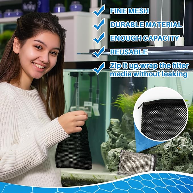 MAQIHAN 10pcs Aquarium Filter Media Bags - Mesh Filter Bags Reusable Bags with Zipper for Activated Carbon Ceramic Rings Filter Balls Fish Tank Pond 5.9 X 7.8 Inch