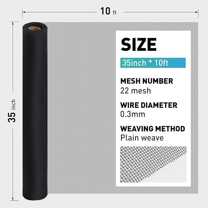304 Stainless Steel Mesh Window Screen Roll,35IN x 10FT Black Metal Window Screen Replacement,Window Screen Mesh for Window,Door,Patio,Pet,Vent,Filter,Porch,Cage and DIY Project (22 Mesh)