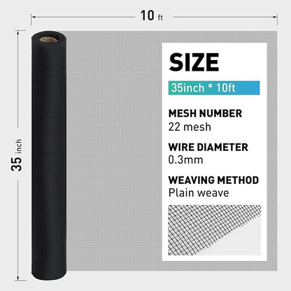 304 Stainless Steel Mesh Window Screen Roll,35IN x 10FT Black Metal Window Screen Replacement,Window Screen Mesh for Window,Door,Patio,Pet,Vent,Filter,Porch,Cage and DIY Project (22 Mesh)