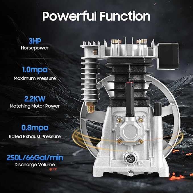 Air Compressor Pump Head, Twin Cylinder Air Compressor Head with 3Hp Powerful Function Exhaust Valve Design and Good Heat Dissipation Air Filter Muffler Industrial Compressor Pump Motor for Electronic