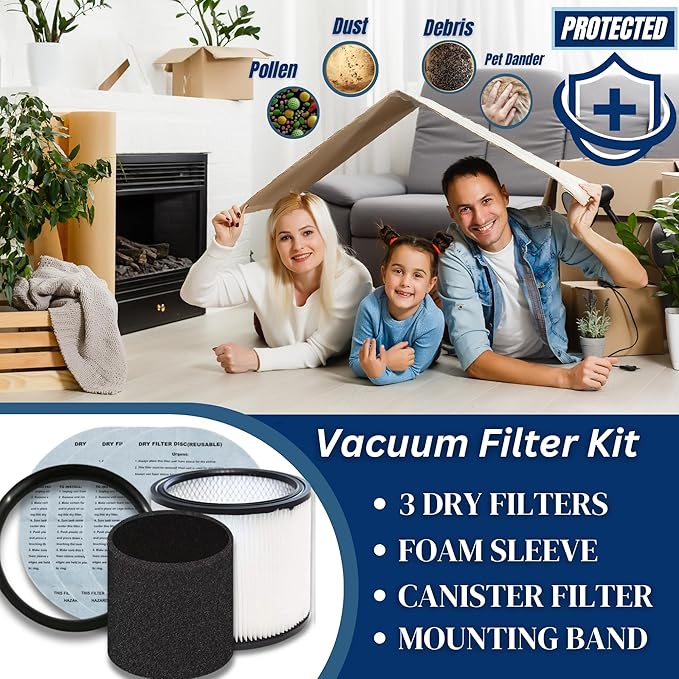 Vacuum Canister Filter Set for Wet/Dry Shop Vacuums – Includes Canister Filter, Foam Sleeve, 3 Dry Filter Discs, and Mounting Band Compatible with Shop-Vac, Craftsman, Ridgid, and More
