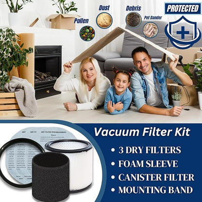 Vacuum Canister Filter Set for Wet/Dry Shop Vacuums – Includes Canister Filter, Foam Sleeve, 3 Dry Filter Discs, and Mounting Band Compatible with Shop-Vac, Craftsman, Ridgid, and More