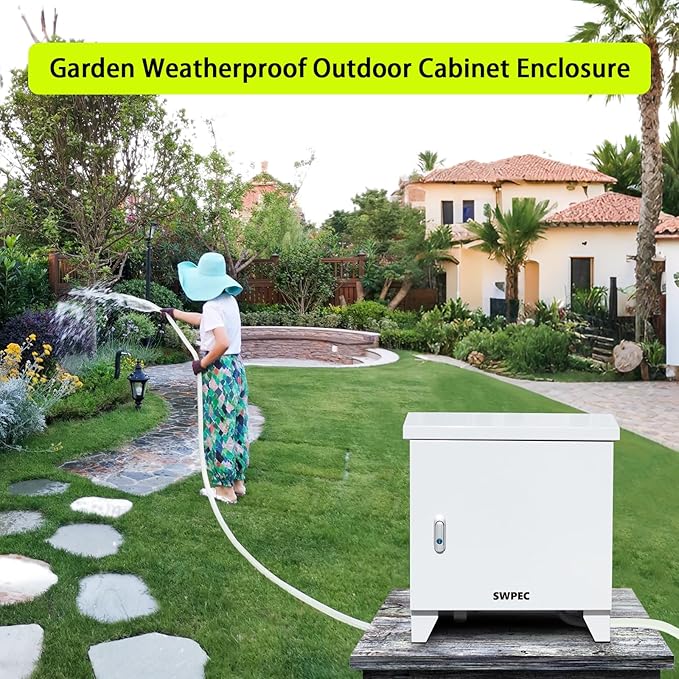 Pond, Water Garden Weatherproof Outdoor Cabinet Enclosure for Pond Aerator, Air Pump 20”W×15”D×19”H with pre-drilled knockouts, 110V Cooling Fan and pre-wired outlet included