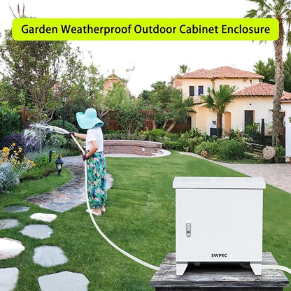Pond, Water Garden Weatherproof Outdoor Cabinet Enclosure for Pond Aerator, Air Pump 20”W×15”D×19”H with pre-drilled knockouts, 110V Cooling Fan and pre-wired outlet included