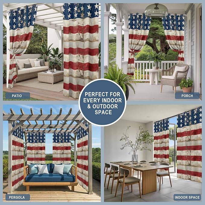 4th of July Outdoor Curtains for Patio USA Flag Independence Day Vintage Waterproof Outside Curtains with Grommet Top Weatherproof Curtain for Cabana Pergola Gazebo, 1 Panel, 54" W x 108" L