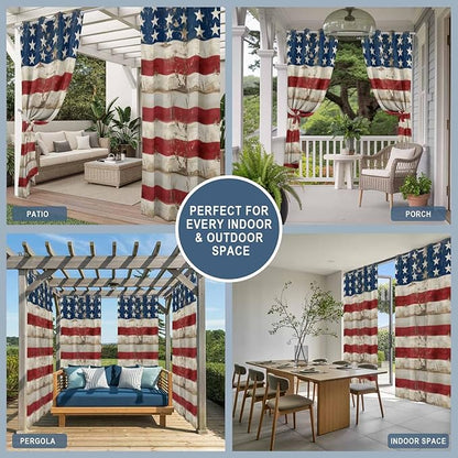 4th of July Outdoor Curtains for Patio USA Flag Independence Day Vintage Waterproof Outside Curtains with Grommet Top Weatherproof Curtain for Cabana Pergola Gazebo, 1 Panel, 54" W x 108" L