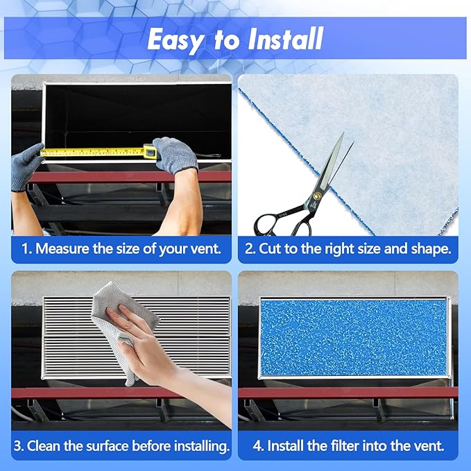 Air Vent Filter Kit - 14" x 90" Cut to Fit Air Filter Materials MERV 8 Electrostatic Media Roll for Home Floor, Ceiling, AC, HVAC, RVC Furnace Vents, With 48PCs Adhesive Hook Tape