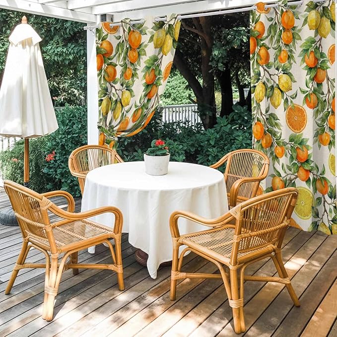 Lemons Yellow Orange Summer Plant Linen Outdoor Curtains for Patio Waterproof Outside Curtains with Grommet Top Weatherproof Curtain for Cabana Pergola Gazebo, 1 Panel, 54" W x 95" L