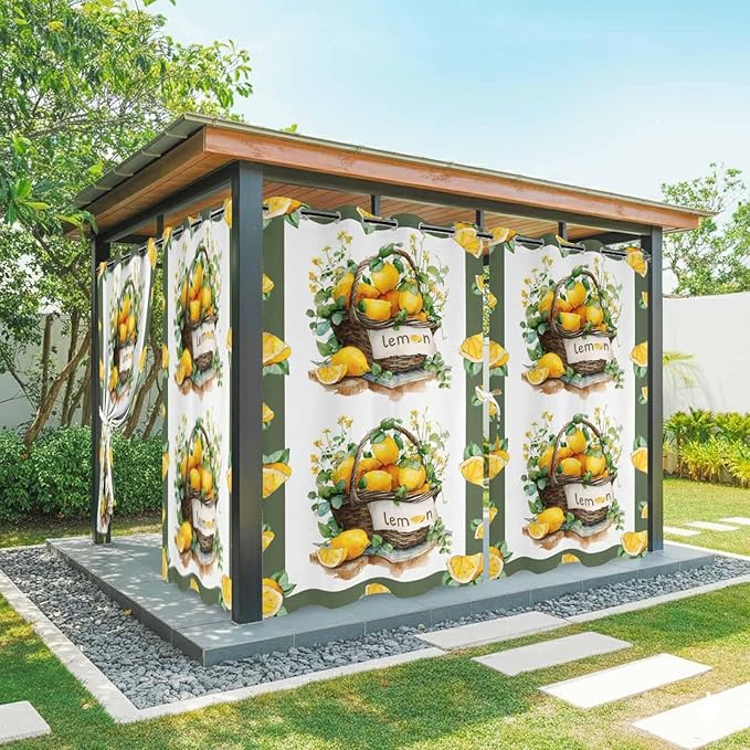 Lemon Outdoor Curtains for Patio Lemons Baskets Summer Tropical Plant Waterproof Outside Curtains with Grommet Top Weatherproof Curtain for Cabana Pergola Gazebo, 1 Panel, 54" W x 108" L