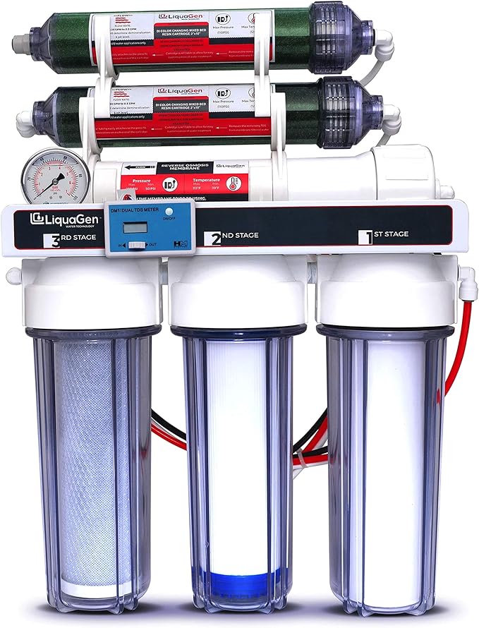 LiquaGen - 6 Stage Reverse Osmosis + Deionization Water Filtration System- 100 GPD w/Pressure Gauge & TDS Meter | Under Sink Water Filter Machine for Aquarium Water Purification