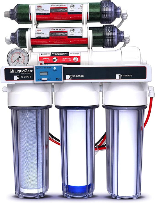 LiquaGen - 6 Stage Reverse Osmosis + Deionization Water Filtration System- 100 GPD w/Pressure Gauge & TDS Meter | Under Sink Water Filter Machine for Aquarium Water Purification