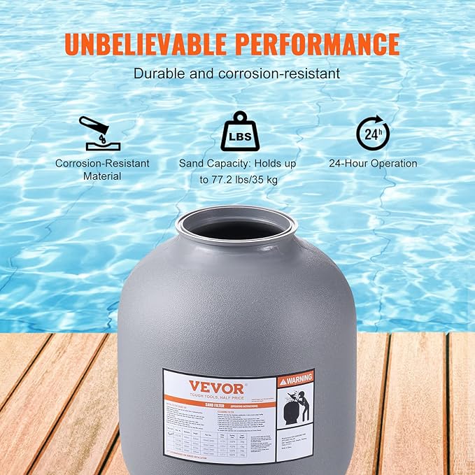 VEVOR 25023BX 16-inch, Up to 35 GPM Flow Rate, Above Inground Swimming Pool Sand System with 7-Way Multi-Port Valve, Filter, Backwash, Rinse, Recirculate, Waste, Winter, Closed Functions, Gray
