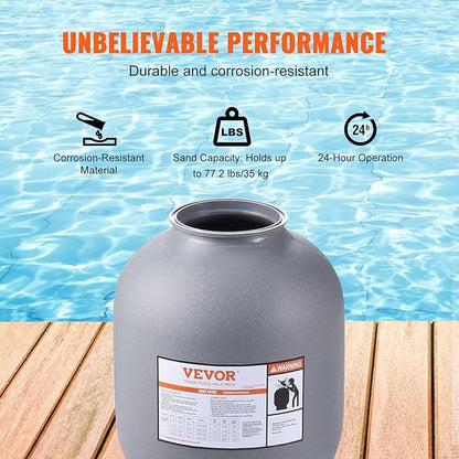 VEVOR 25023BX 16-inch, Up to 35 GPM Flow Rate, Above Inground Swimming Pool Sand System with 7-Way Multi-Port Valve, Filter, Backwash, Rinse, Recirculate, Waste, Winter, Closed Functions, Gray