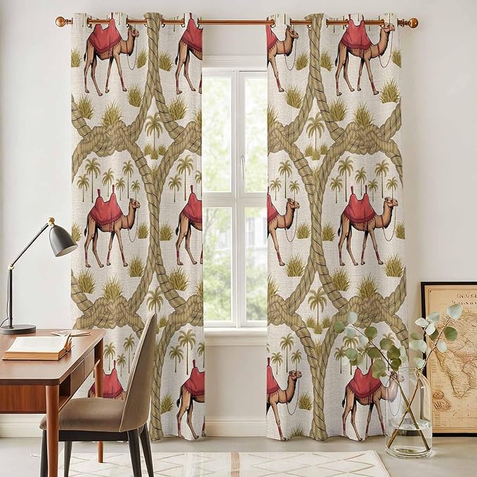 2 Panel Kitchen Cafe Curtains, Camels Palm Trees Sunlight Filtering Nature Air Through, Window Decor Tier Curtains for Living Room 104W x 96L inch Desert Date Coconut Trees Leaves Cords Beige