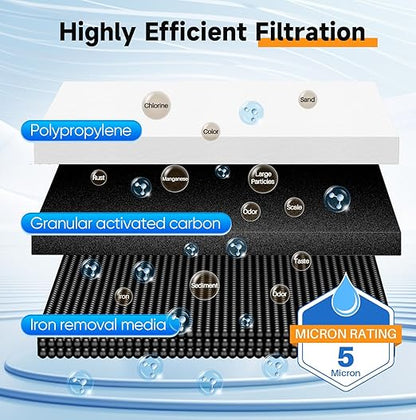 PUREPLUS 2-Stage Whole House Water Filtration System, Reduces Chlorine, Odor, Heavy Metals, Iron, Manganese, 10"x4.5" Housing, 1" Inlet/Outlet, PP Sediment & RFN Iron Filter, Pressure Gauges Included