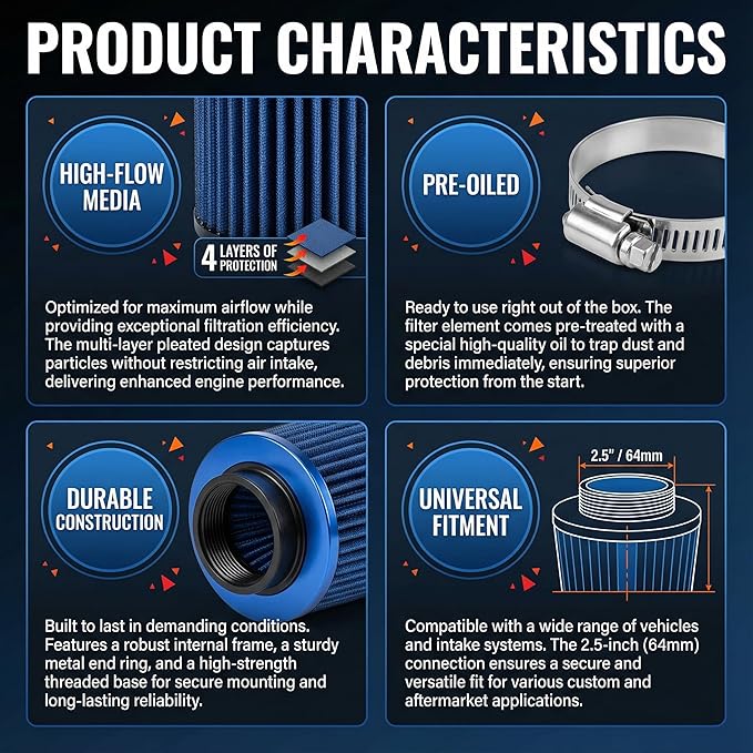 Universal Clamp-On Air Intake Filter, High Performance, Washable Filter, Replacement Air Filter, Flange Diameter 2.5inch/64mm (Blue)