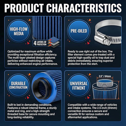 Universal Clamp-On Air Intake Filter, High Performance, Washable Filter, Replacement Air Filter, Flange Diameter 2.5inch/64mm (Blue)