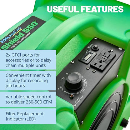 BlueDri Air Shield 550 HEPA Air Scrubber, Water Damage Restoration Equipment Air Purifier, Covers 1400 Sq. Ft, Daisy Chain Capable, For Commercial Use, Green, BD-AS-550