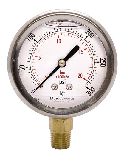 2-1/2" Oil Filled Pressure Gauge - Stainless Steel Case, Brass, 1/4" NPT, Lower Mount Connection, 0-300PSI
