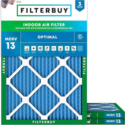 Filterbuy 18x25x1 Air Filter MERV 13 Optimal Smoke & Allergy Defense (3-Pack), Electrostatic Pleated HVAC AC Furnace Filters Replacement, Made in USA (Actual Size: 17.50 x 24.50 x 0.75)