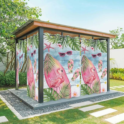 Summer Flamingbirds Outdoor Curtains for Patio Palm Leaves Plumeria Wood Waterproof Outside Curtains with Grommet Top Weatherproof Curtain for Cabana Pergola Gazebo, 1 Panel, 54" W x 108" L