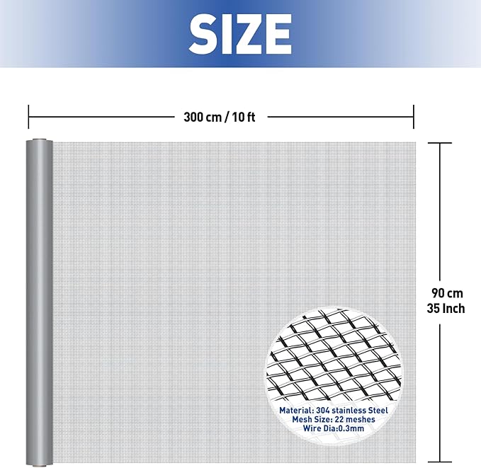 MAGZO 304 Stainless Steel Mesh Screen Roll 35in x 10ft - 22 Mesh Pet Proof Metal Window Screen Replacement, Screen Door Mesh for Patio,Porch,Pet,Cage,Vent Cover,Filter,Gutter Guard,Rodent Protection