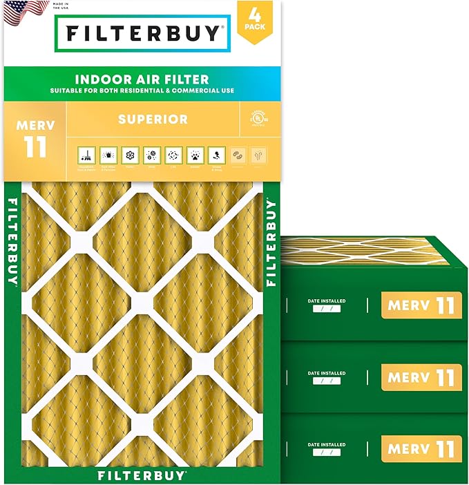 Filterbuy 10x18x4 Air Filter MERV 11 Superior Pet & Allergy Defense (4-Pack), Electrostatic Pleated HVAC AC Furnace Filters Replacement, Made in USA (Actual Size: 10.00 x 18.00 x 3.63)