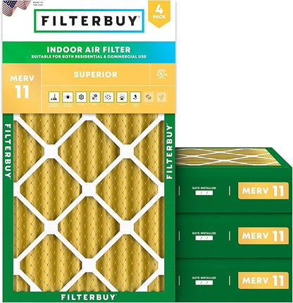 Filterbuy 10x18x4 Air Filter MERV 11 Superior Pet & Allergy Defense (4-Pack), Electrostatic Pleated HVAC AC Furnace Filters Replacement, Made in USA (Actual Size: 10.00 x 18.00 x 3.63)