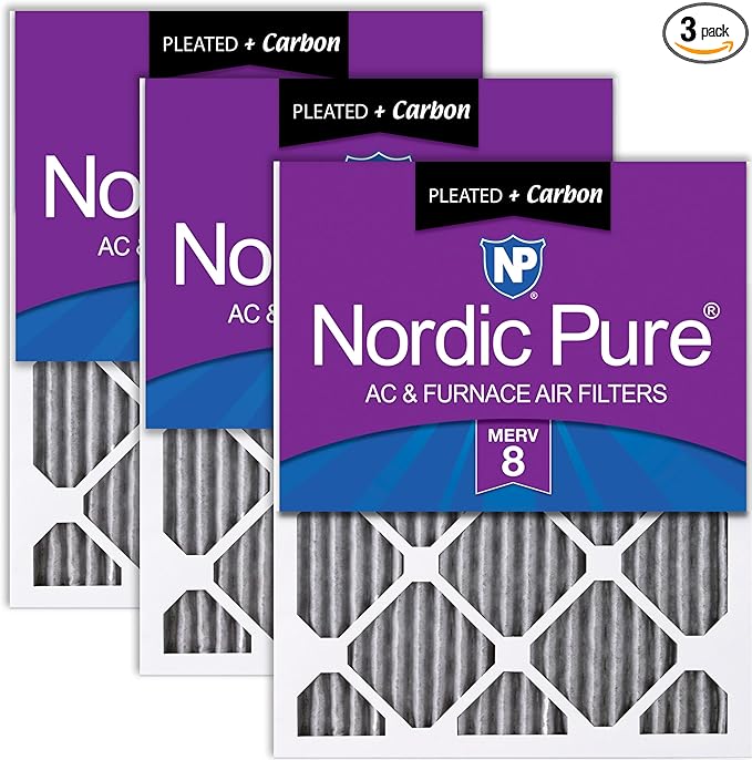 Nordic Pure 20x25x1 (19 1/2 x 24 1/2 x 3/4) Furnace Air Filters MERV 8 Pleated Plus Carbon 3 Pack