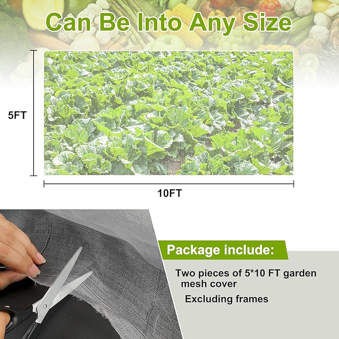 Garden Netting, 2 Pack 5x10Ft Ultra Fine Mesh Netting Pest Barrier Protection Bird Mosquito Net Plants Cover for Vegetables Fruits Flowers Crops Greenhouse Row Cover Raised Bed Patio Mesh Netting