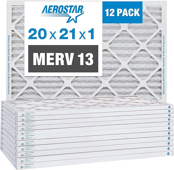 Aerostar 20x21x1 MERV 13 Pleated Air Filter, AC Furnace Air Filter, 12 Pack (Actual Size: 19 7/8" x 20 7/8" x 3/4")