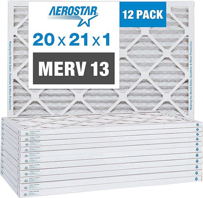 Aerostar 20x21x1 MERV 13 Pleated Air Filter, AC Furnace Air Filter, 12 Pack (Actual Size: 19 7/8" x 20 7/8" x 3/4")