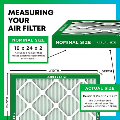 Filterbuy 16x24x2 Air Filter MERV 8 Essential Dust & Allergy Defense (2-Pack), Electrostatic Pleated HVAC AC Furnace Filters Replacement, Made in USA (Actual Size: 15.38 x 23.38 x 1.75)