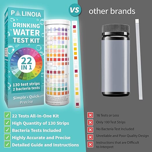 22 in 1 Drinking Water Test Kit 130 Strips - Well, Tap, Home, Swimming Pool, Hot Tub Testing Strip for Flouride, Lead, Hardness, Chlorine, Iron, Copper & More