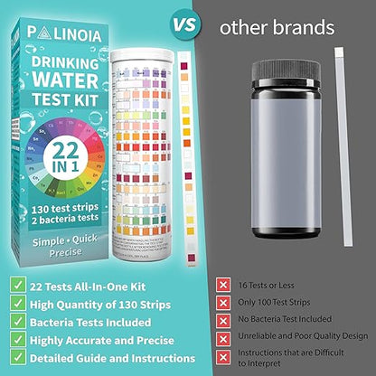 22 in 1 Drinking Water Test Kit 130 Strips - Well, Tap, Home, Swimming Pool, Hot Tub Testing Strip for Flouride, Lead, Hardness, Chlorine, Iron, Copper & More