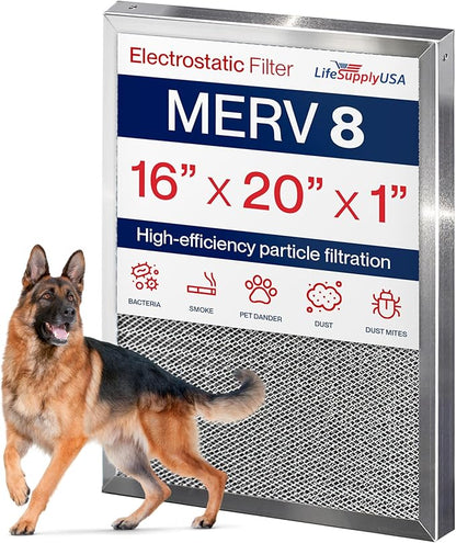 16x20x1 Electrostatic Air Filter, MERV 8, Washable, Reusable Furnace AC/HVAC Filter, Energy Saving, Easy to Clean, Long-Lasting by LifeSupplyUSA