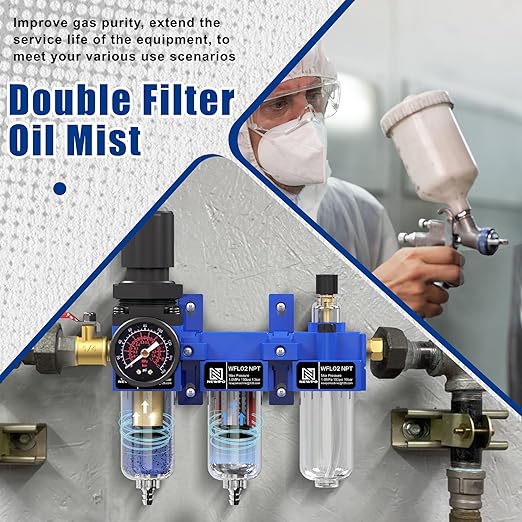 NEWPO 1/4" NPT Compressed Air Filter Regulator Lubricator Combo, Water/Oil Trap Separator,Brass Filter & Coalescing Filter,Semi-Auto Drain,Metal Bracket-Blue