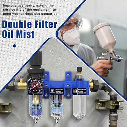 NEWPO 1/4" NPT Compressed Air Filter Regulator Lubricator Combo, Water/Oil Trap Separator,Brass Filter & Coalescing Filter,Semi-Auto Drain,Metal Bracket-Blue
